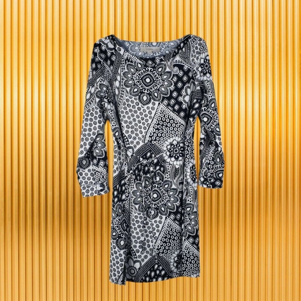 Ann Taylor LOFT Small Petite Black & White Sheath Dress Long Sleeve Waist Tie